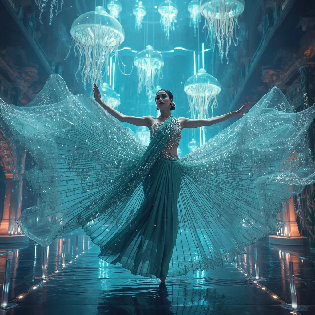 Liquid Crystal Jellyfish Saree with Floating Neon Ocean Empire | Prompt Ai