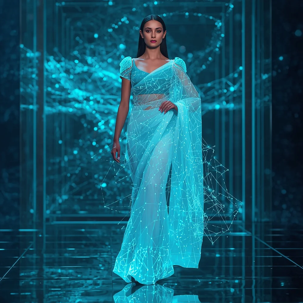 Liquid Crystal Web Saree with Floating Network Grid | Prompt For Gemini AI Girl Trending