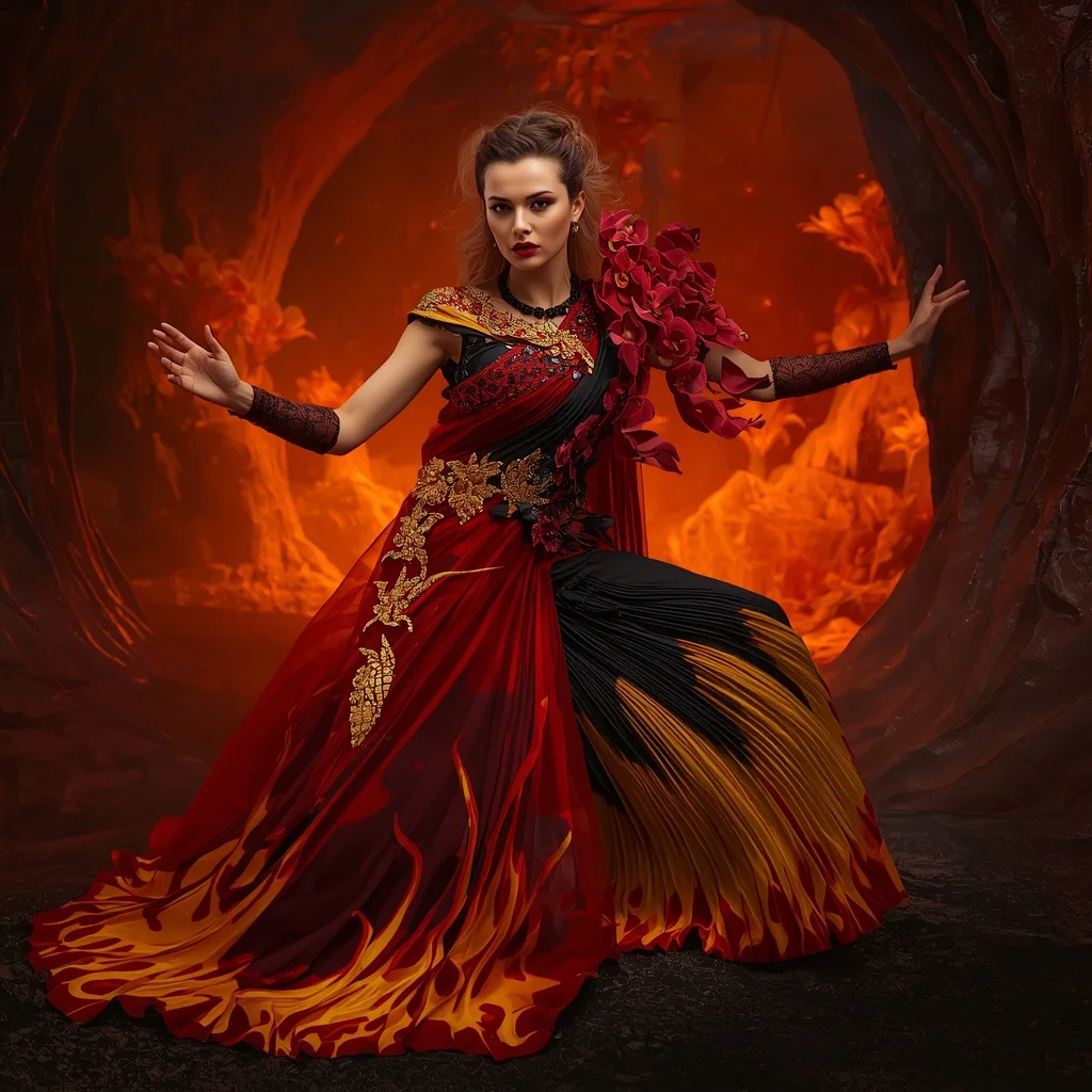 Liquid Flame Orchid Saree with Volcanic Bloom Core | Profile Picture Ai Prompt
