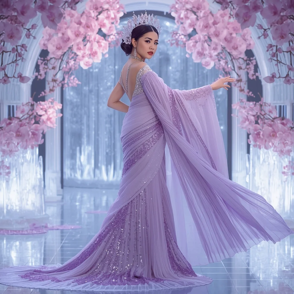 Liquid Frost Orchid Saree with Ice Bloom Pavilion | Desi Saree Ai Prompt
