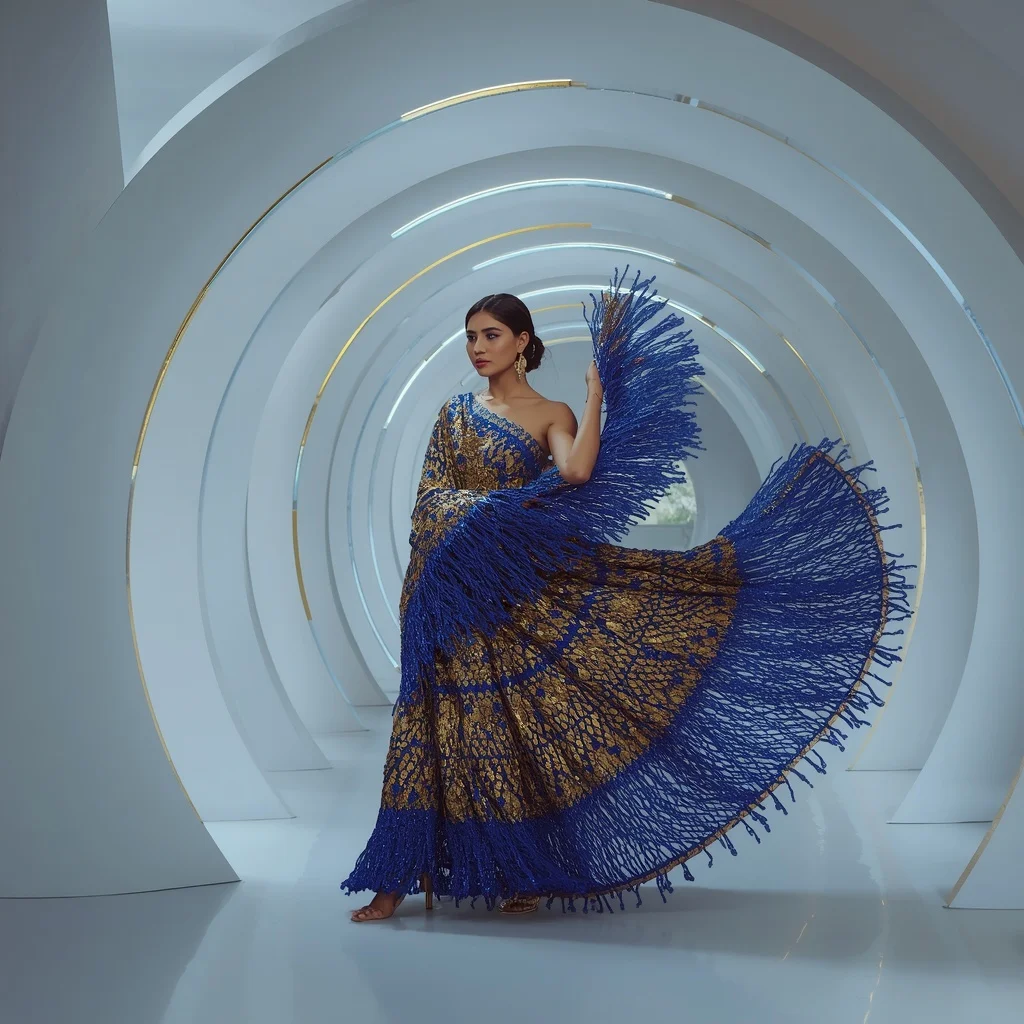 Liquid Gold and Sapphire Crystal Fringe Saree with Floating Helix Corridor | Cinematic Ai Prompt
