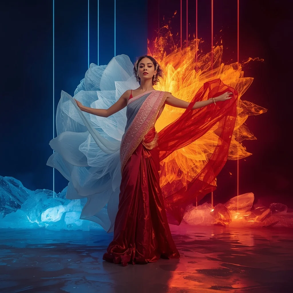 Liquid Ice Fire Lotus Saree with Dual Bloom Arena | Prompt Seen Girl Photo Editing