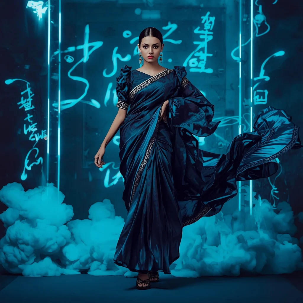 Liquid Ink Storm Saree with Floating Digital Calligraphy | Lighting Ai Prompt