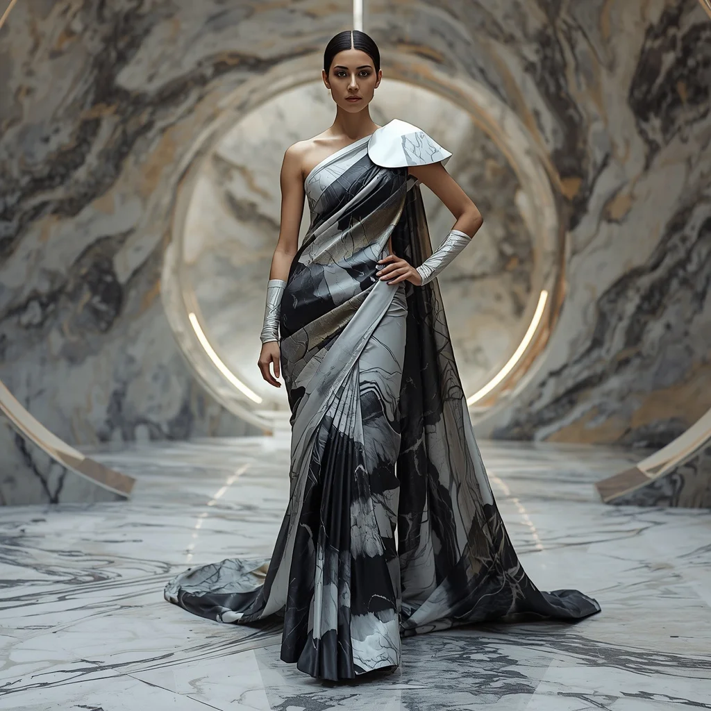 Liquid Marble Couture Saree with AI-Generated Stone Flow | Luxury Ai Prompt