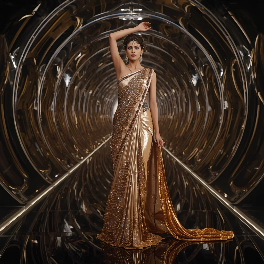 Liquid Mercury Ribbon Saree with Futuristic Spiral Reflection Tunnel | Best Saree Prompt For Chatgpt