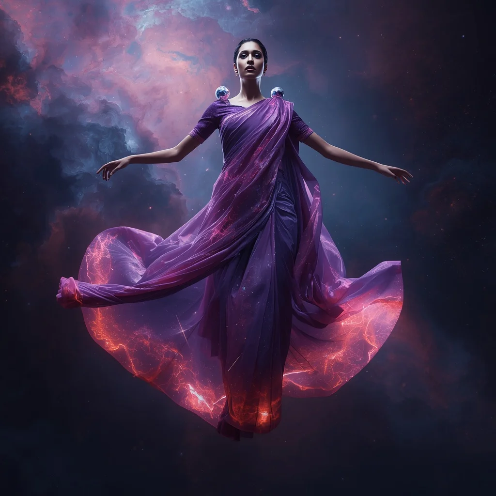 Liquid Nebula Saree with Living Cosmic Gas Fabric | Prompt AI For Girl