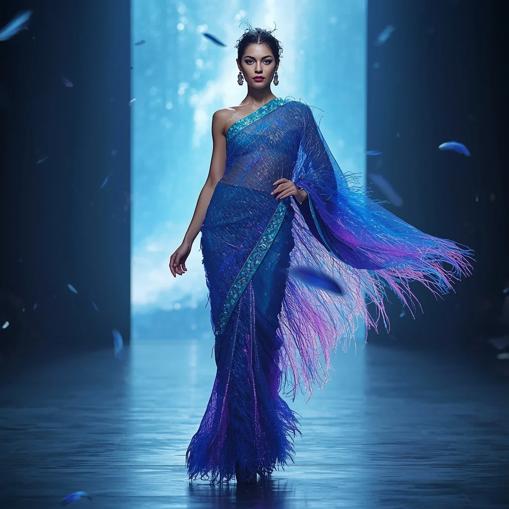 Liquid Neon Feather Code Saree with Digital Sky Rift | Prompt For Gemini Ai Girl Model Instagram