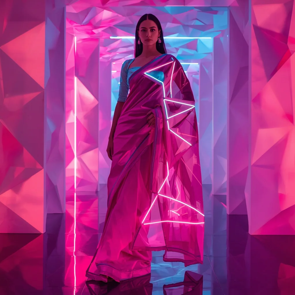 Liquid Neon Origami Saree with Folding Light Geometry | Trending Prompt