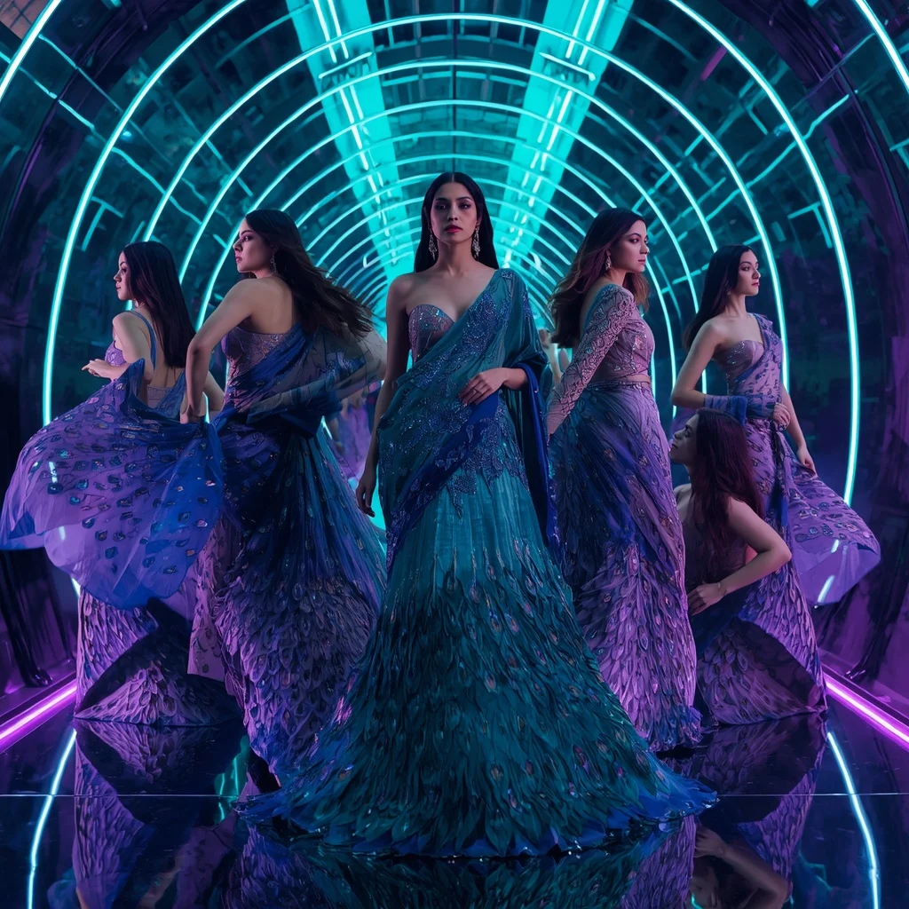 Liquid Peacock Aurora Saree with Multi Pose Editorial Story and Laser Mirror Palace | Saree Ai Prompt