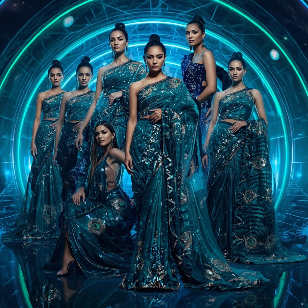 Liquid Peacock Infinity Divine Saree with Multi Pose Editorial Story and Laser Prism Eternity Kingdom | Ai Image Generator Prompt