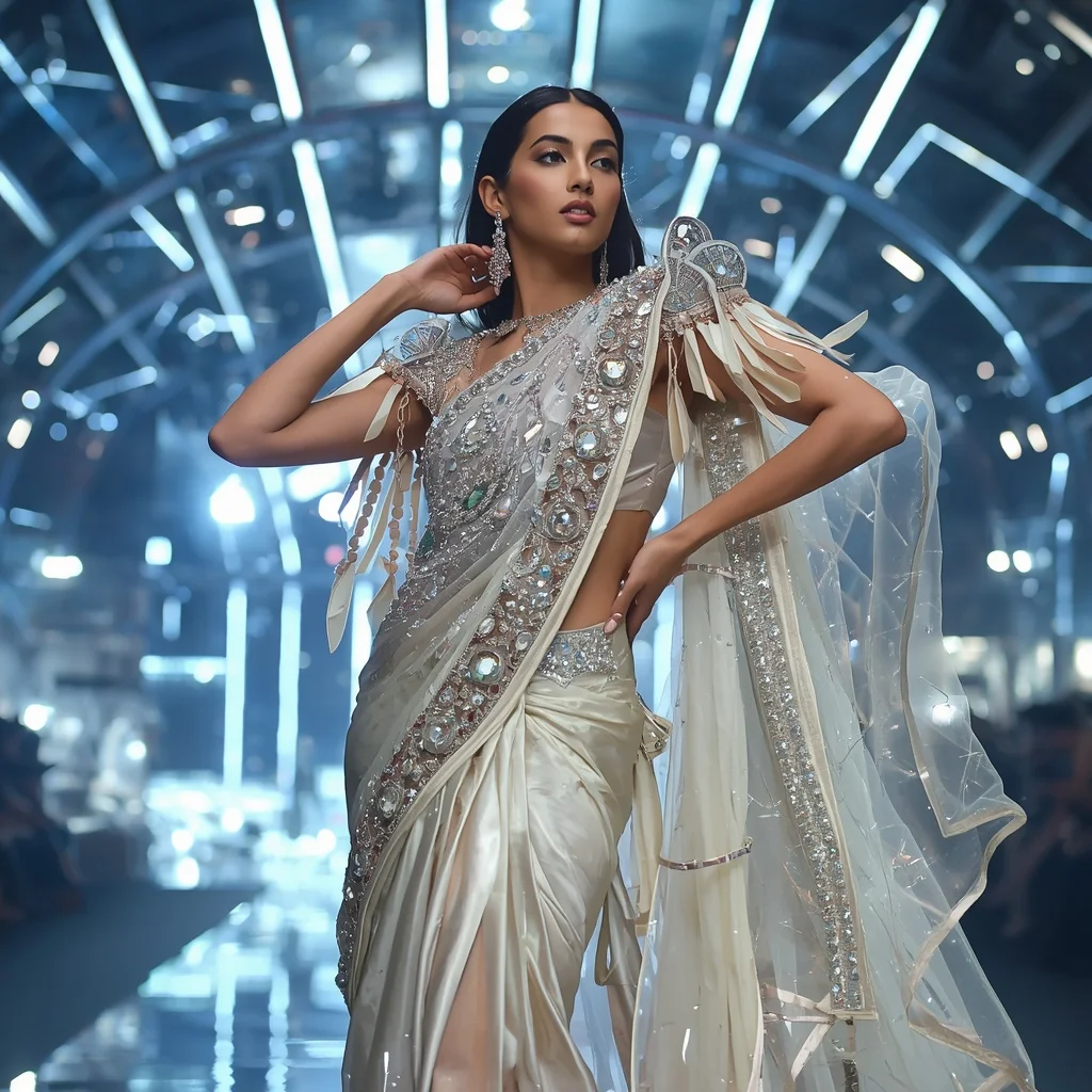 Liquid Pearl Thunder Saree with Floating Digital Prism Reflection Dome | Ai Portrait Prompt