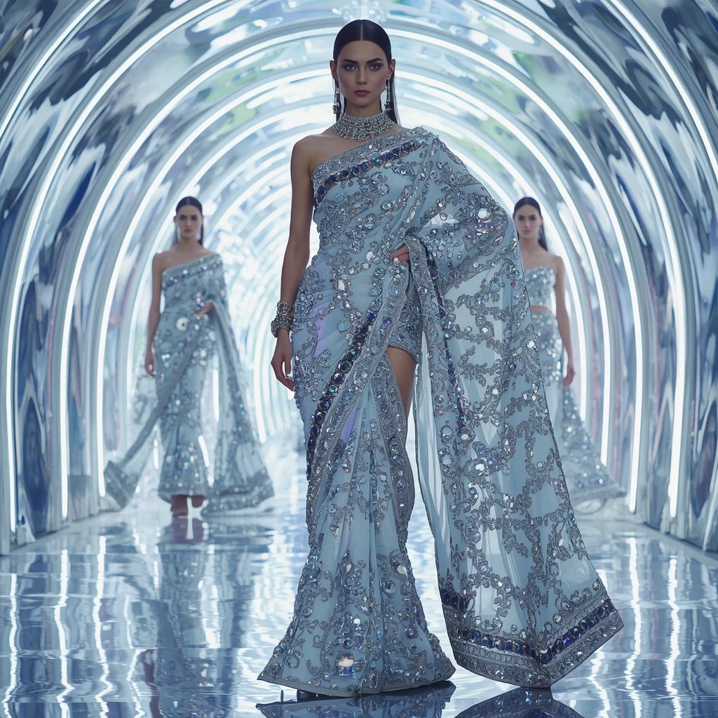 Liquid Silver Mirage Saree with Reflective Fashion Silhouettes and Holographic Infinity Palace | Image Prompt