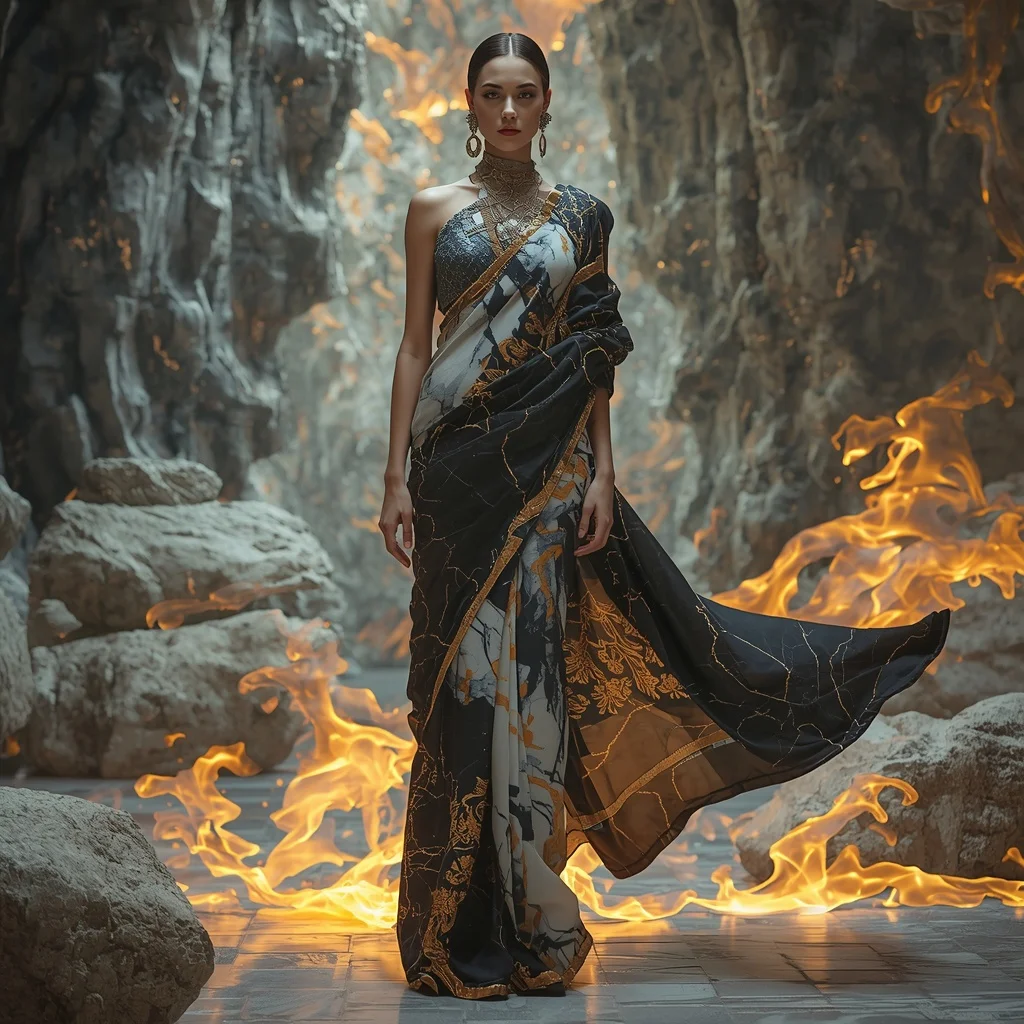 Liquid Stone Flow Saree with Marble Energy Motion | Indian Girl Ai Prompt