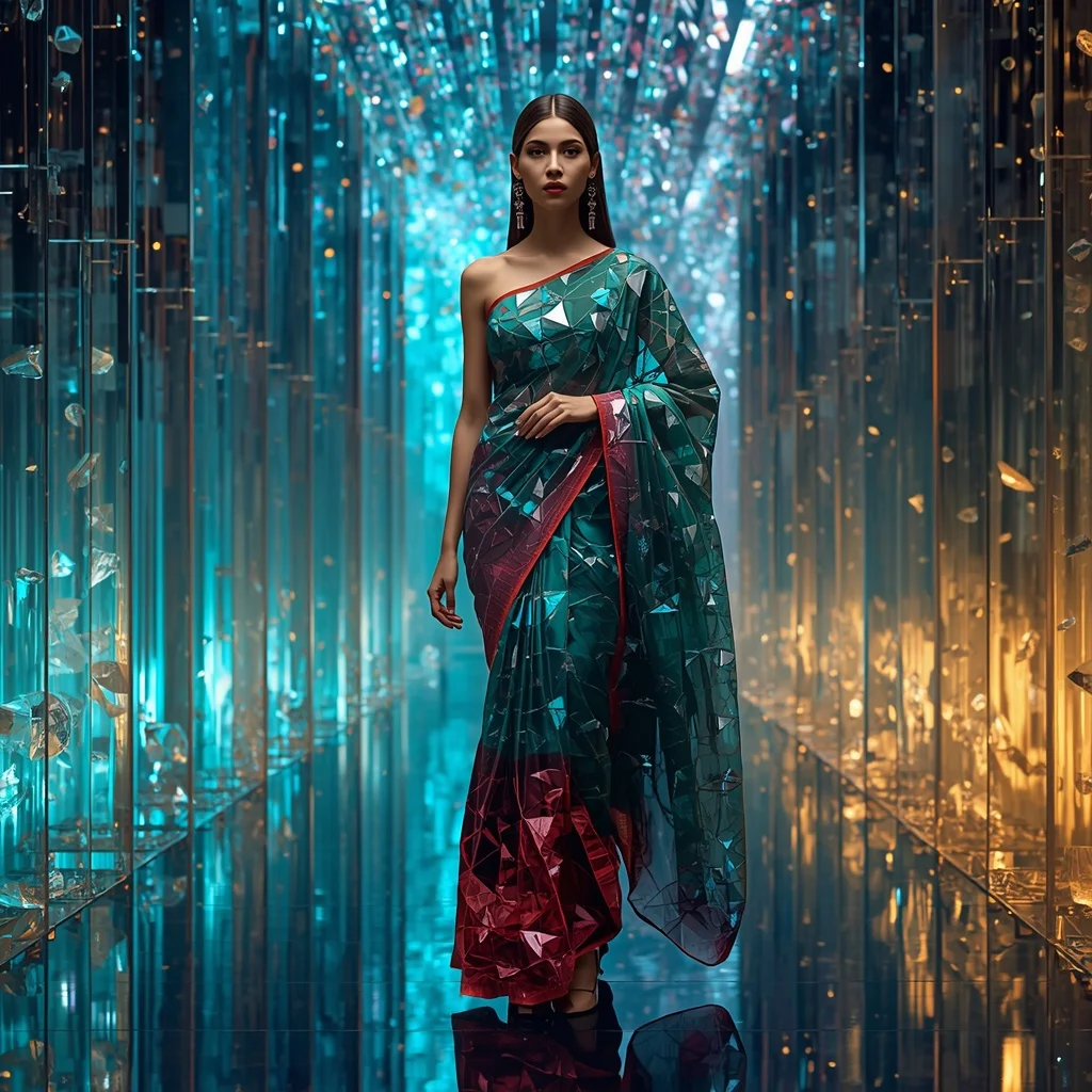 Living Crystal Fabric Saree with Self-Assembling Gem Architecture | Editing Prompt Girl