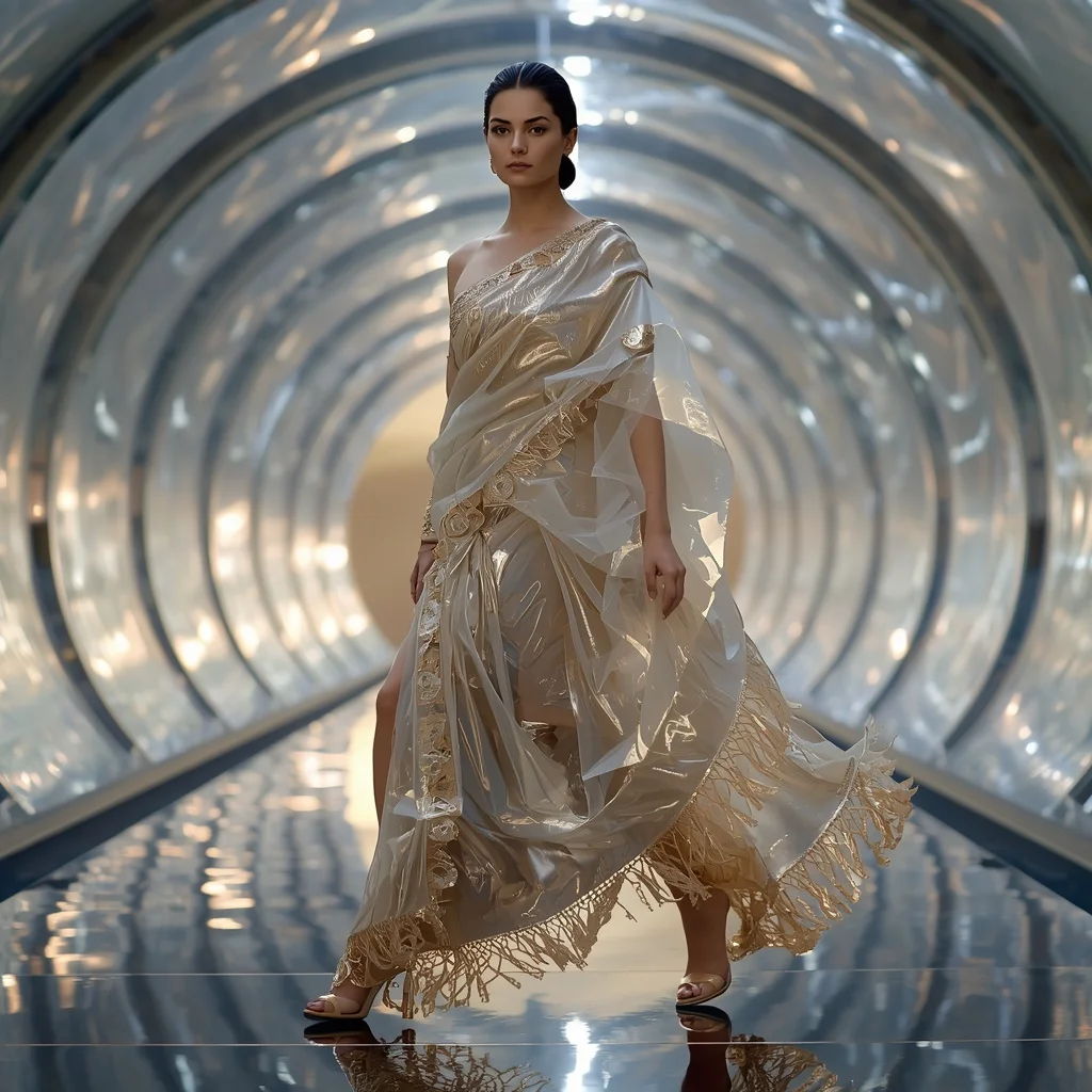 Living Glass Origami Fluid Saree with Morphing Light Pavilion | Instagram Influencer Ai Prompt