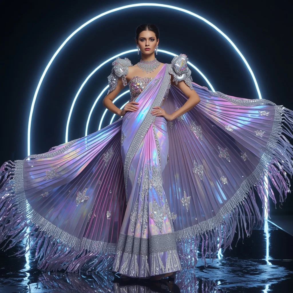 Lunar Prism Aurora Saree with Neon Arc Infinity Fortress | Girls Trending Prompt Gemini Instagram