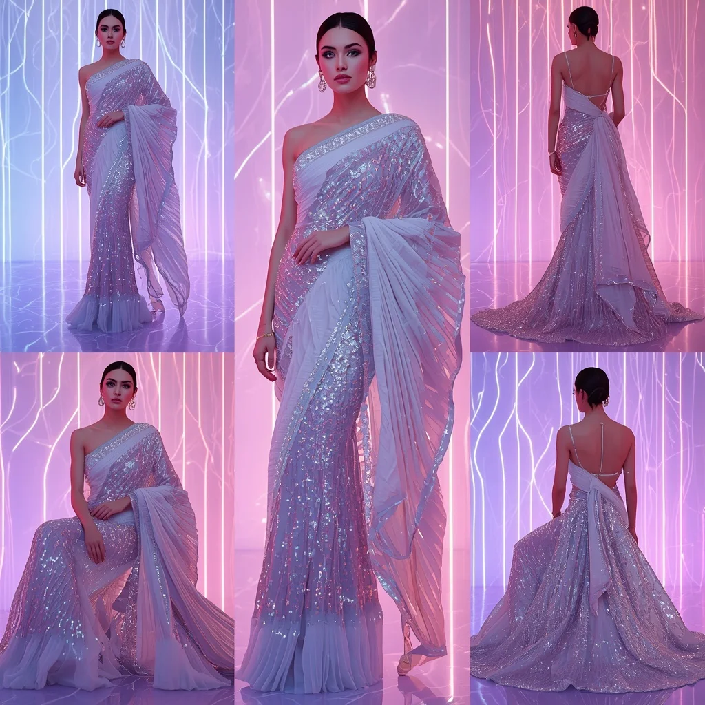 Lunar Prism Couture Saree with Neon Ribbon Infinity Crystal Universe | Ai Image Generator Prompt