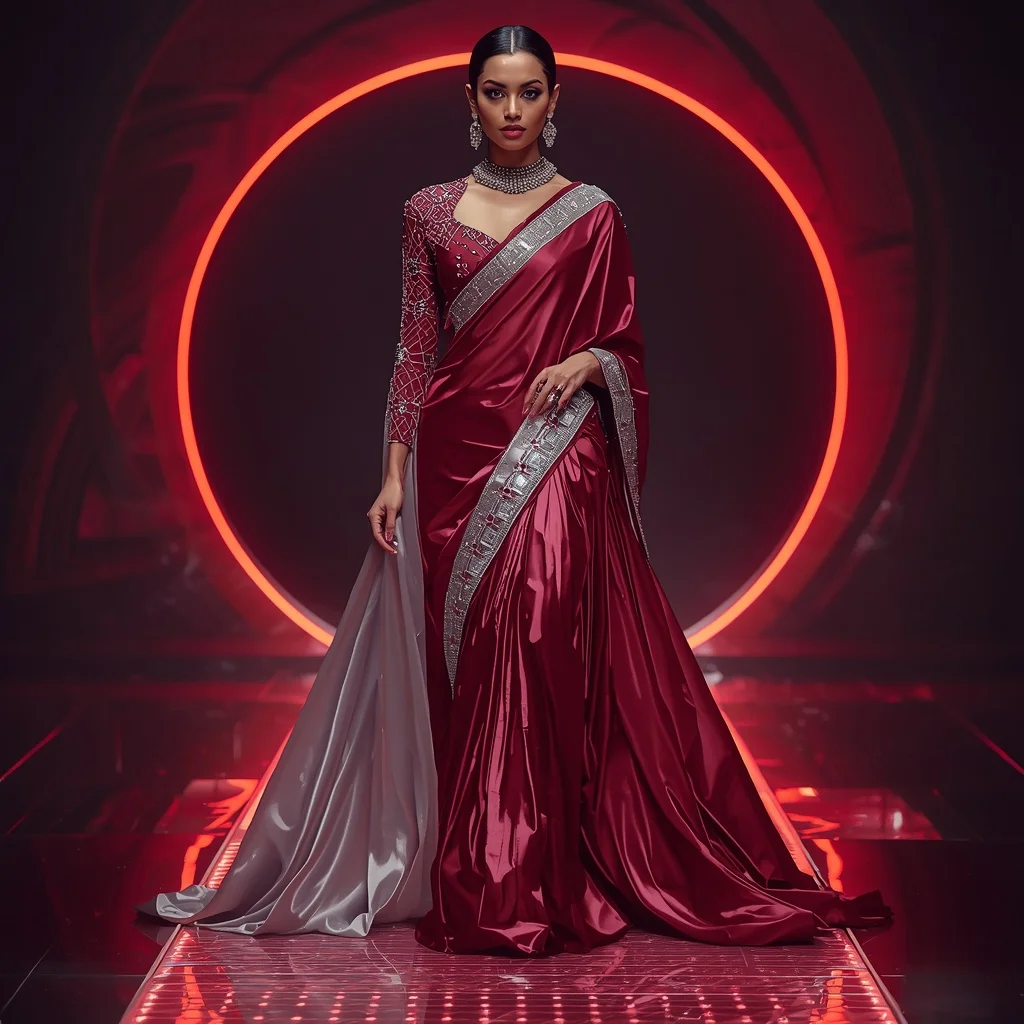 Lunar Ruby Eclipse Saree with Floating Infinity Beam Reflection Orbit Infinity Pavilion | Girls Trending Prompt Gemini Instagram
