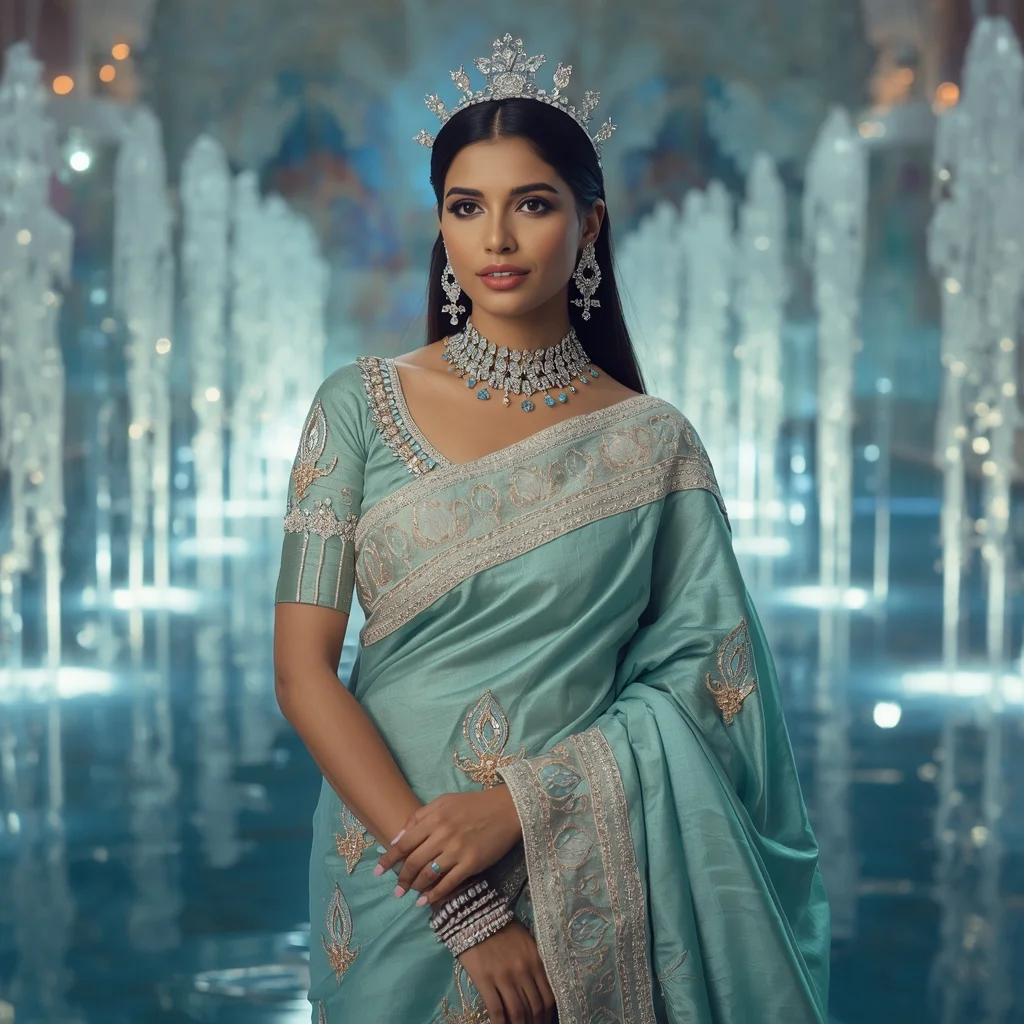 Luxury Aqua Lotus Crown Saree Fashion with Water Crystal Reflection Palace Background | New Instagram Trend Prompt For Girl Copy And Paste