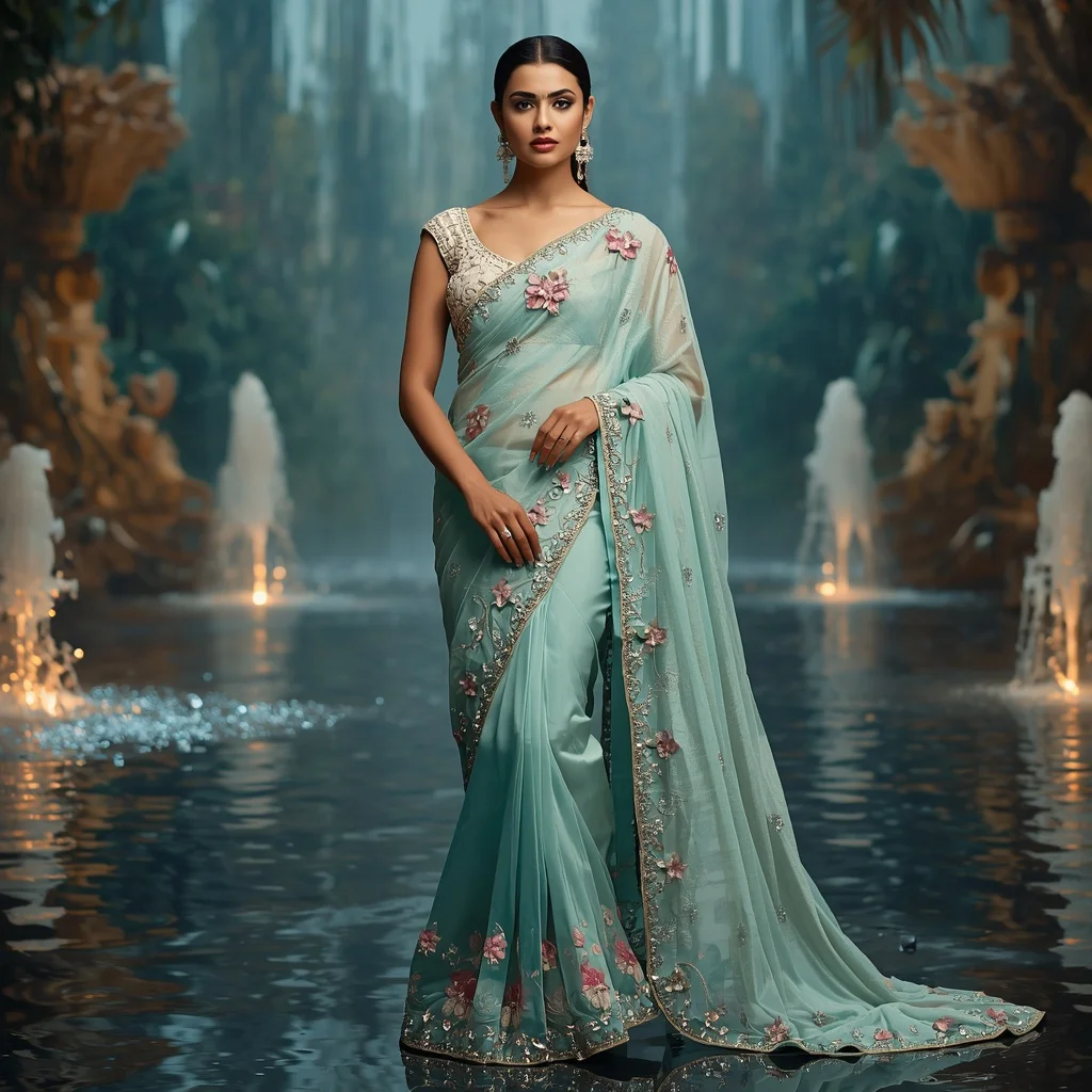 Luxury Aqua Lotus Empress Saree Fashion with Water Crystal Paradise Background | Viral Ai Image Prompt