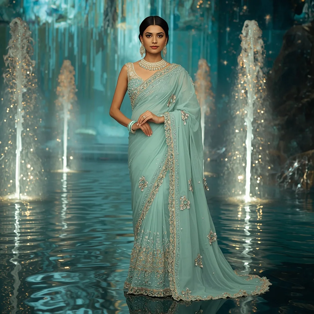 Luxury Aqua Lotus Jewel Saree Fashion with Water Crystal Empire Background | Prompt Seen Girl Photo Editing Trending