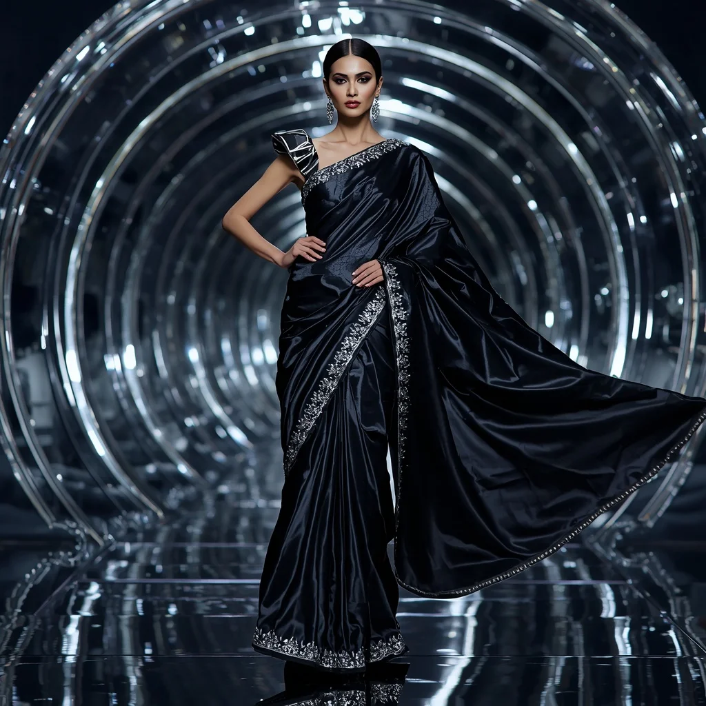 Luxury Black Chrome Saree with Fierce Catwalk Editorial Spiral and Digital Silver Reflection Dome Background | Woman Pose Ai Prompt