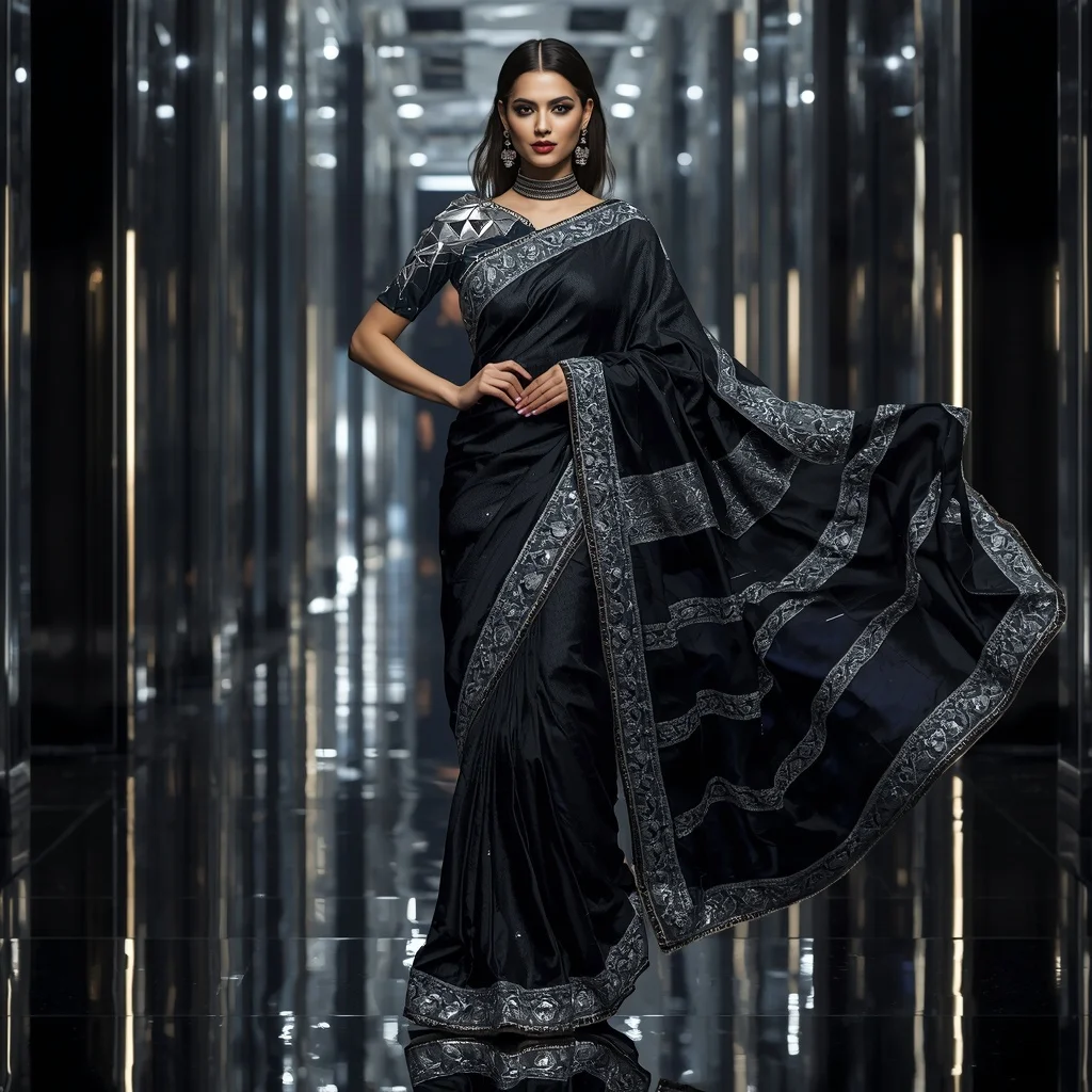 Luxury Black Chrome Saree with Fierce Catwalk Editorial Twist and Digital Silver Reflection Hall Background | Text To Image Prompt