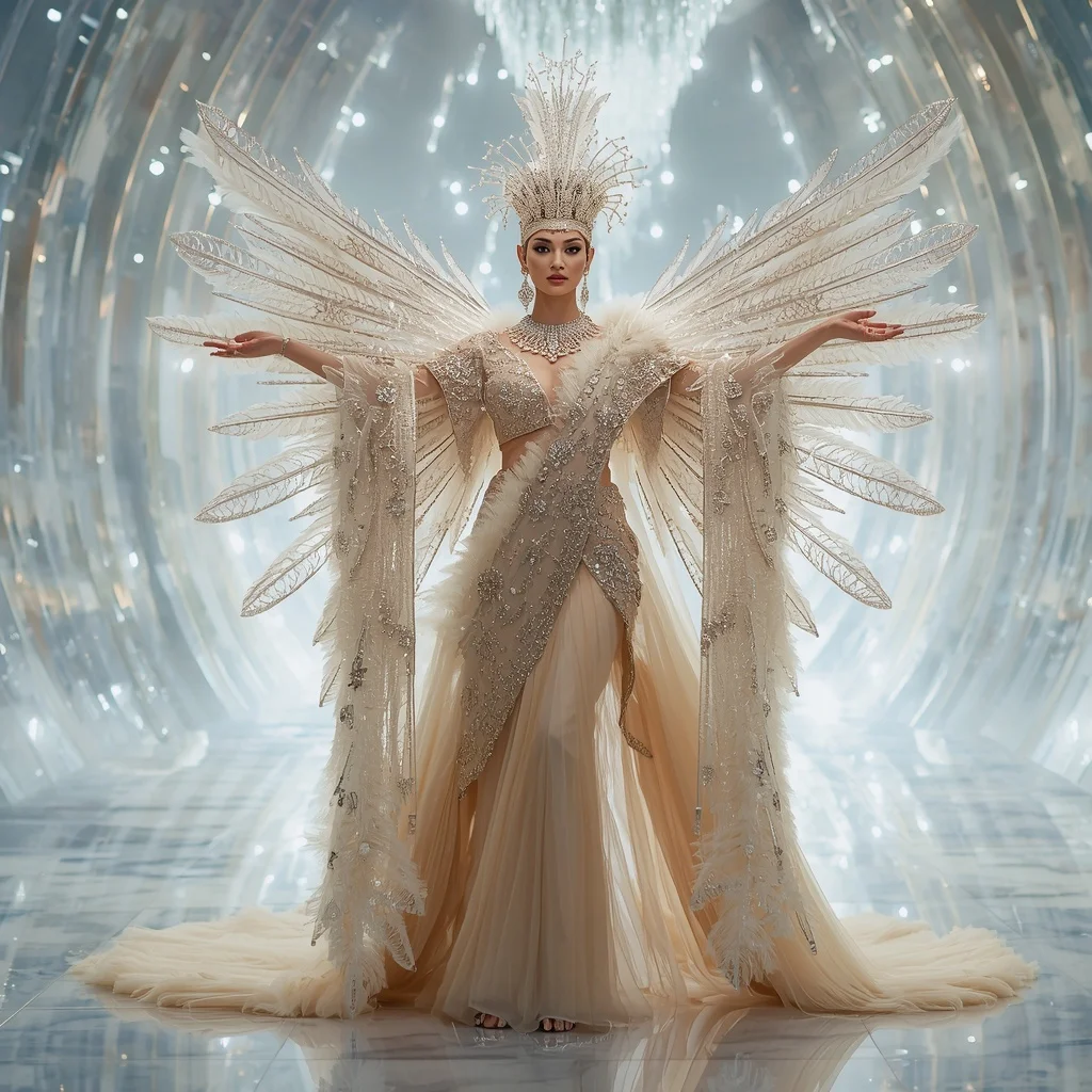 Luxury Crystal Phoenix Crown Saree with White Sky Reflection Dome | Lighting Ai Prompt