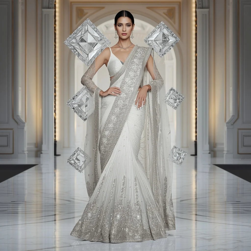 Luxury Diamond Wave Saree with White Designer Runway Palace | New Instagram Trend Prompt For Girl And Boy