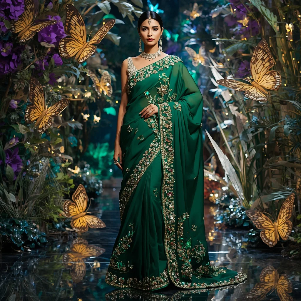 Luxury Emerald Butterfly Queen Saree Fashion with Crystal Botanical Kingdom Background | Hd Image Prompt