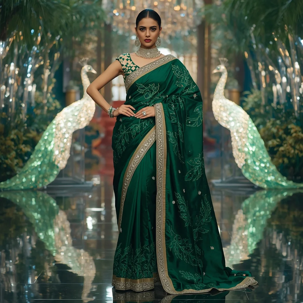Luxury Emerald Peacock Jewel Saree Fashion with Crystal Garden Kingdom Background | Makeup Ai Prompt