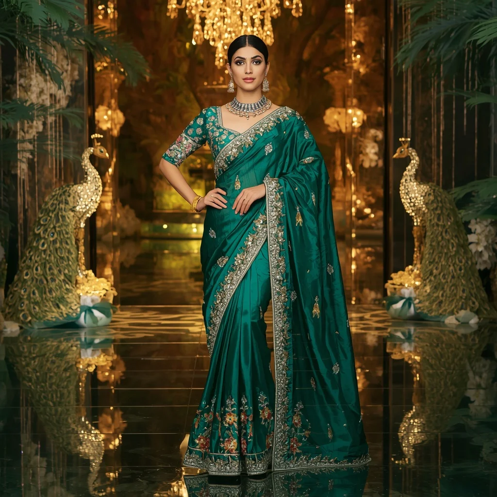 Luxury Emerald Peacock Majesty Saree Fashion with Crystal Jungle Palace Background | Chatgpt Prompt