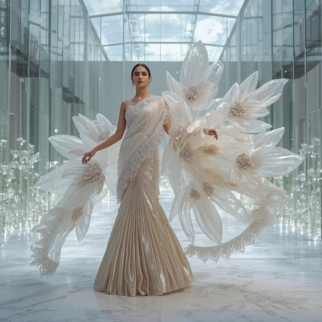 Luxury Floating Glass Petal Saree with Crystal Sky Atrium | 4k Ai Prompt