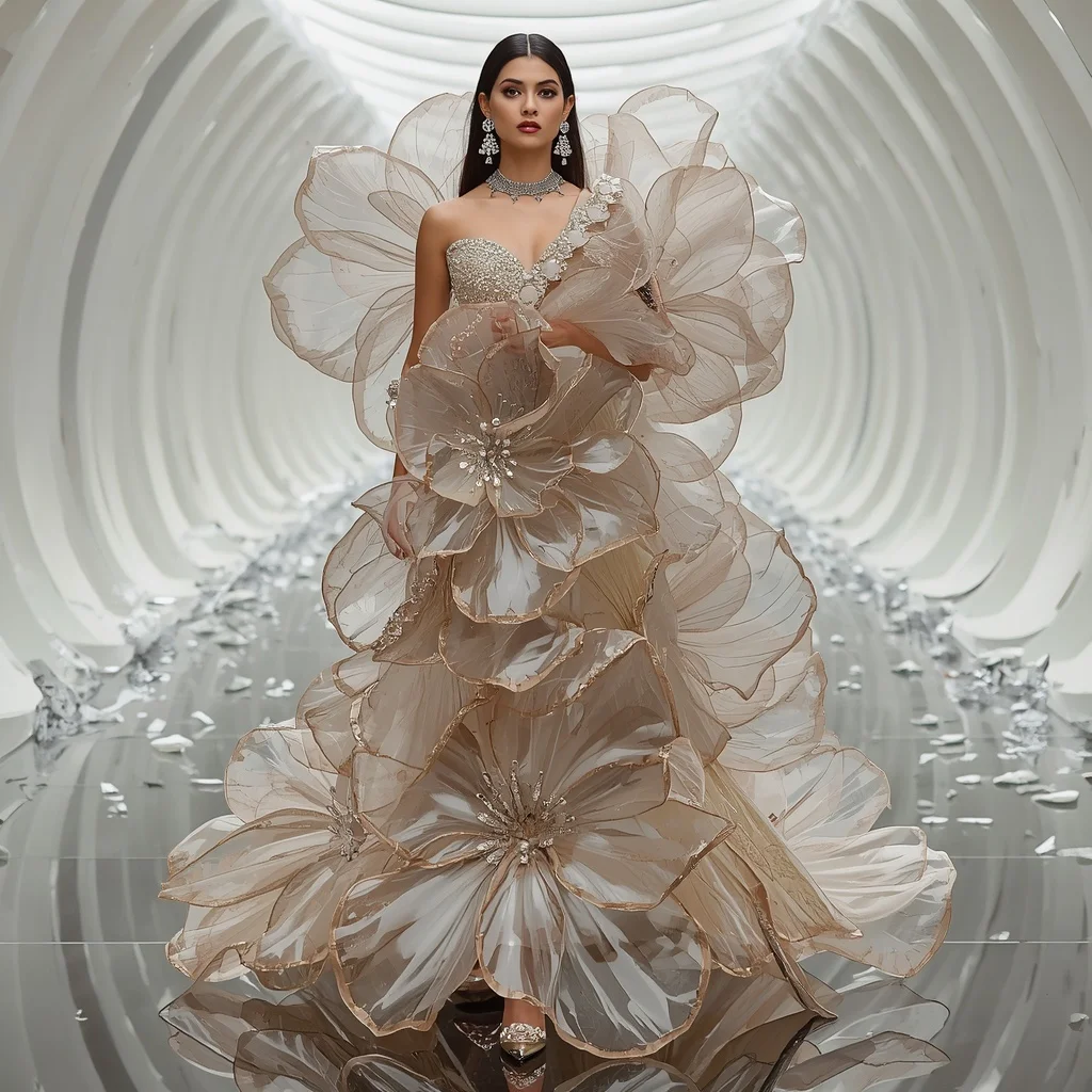 Luxury Floating Glass Petal Saree with Infinity Reflection Atrium | Prompt For Traditional Look For Couple