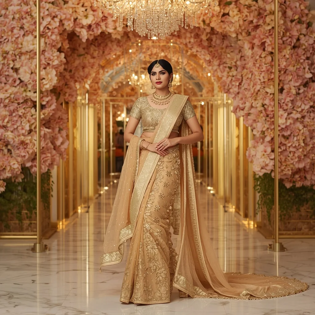 Luxury Golden Dahlia Maharani Saree with Crystal Blossom Kingdom Background | Instagram Post Ai Prompt