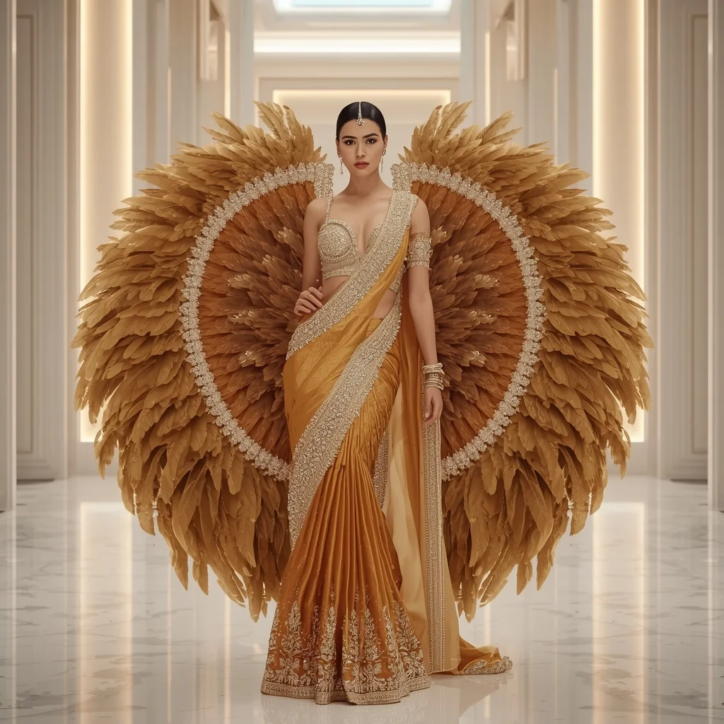 Luxury Golden Feather Empire Saree with White Designer Atrium | Realistic Ai Prompt