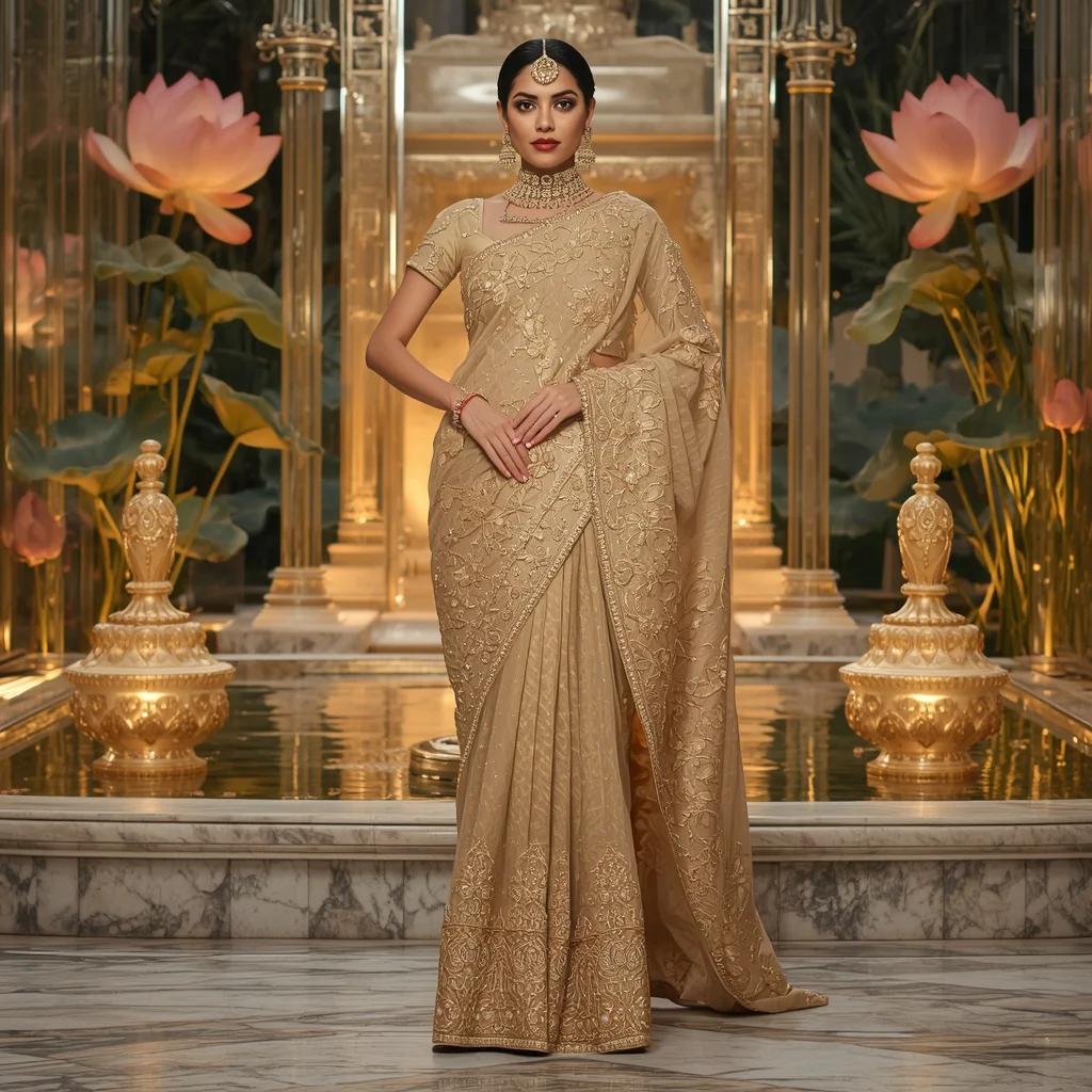 Luxury Golden Lotus Maharani Saree Fashion with Crystal Temple Garden Background | Bridal Ai Prompt