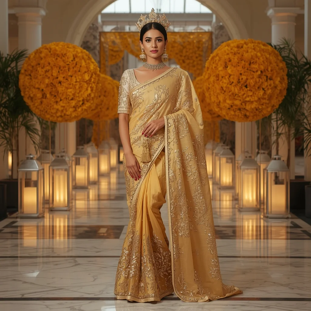 Luxury Golden Marigold Crown Saree Fashion with Crystal Celebration Courtyard Background | Bridal Ai Prompt