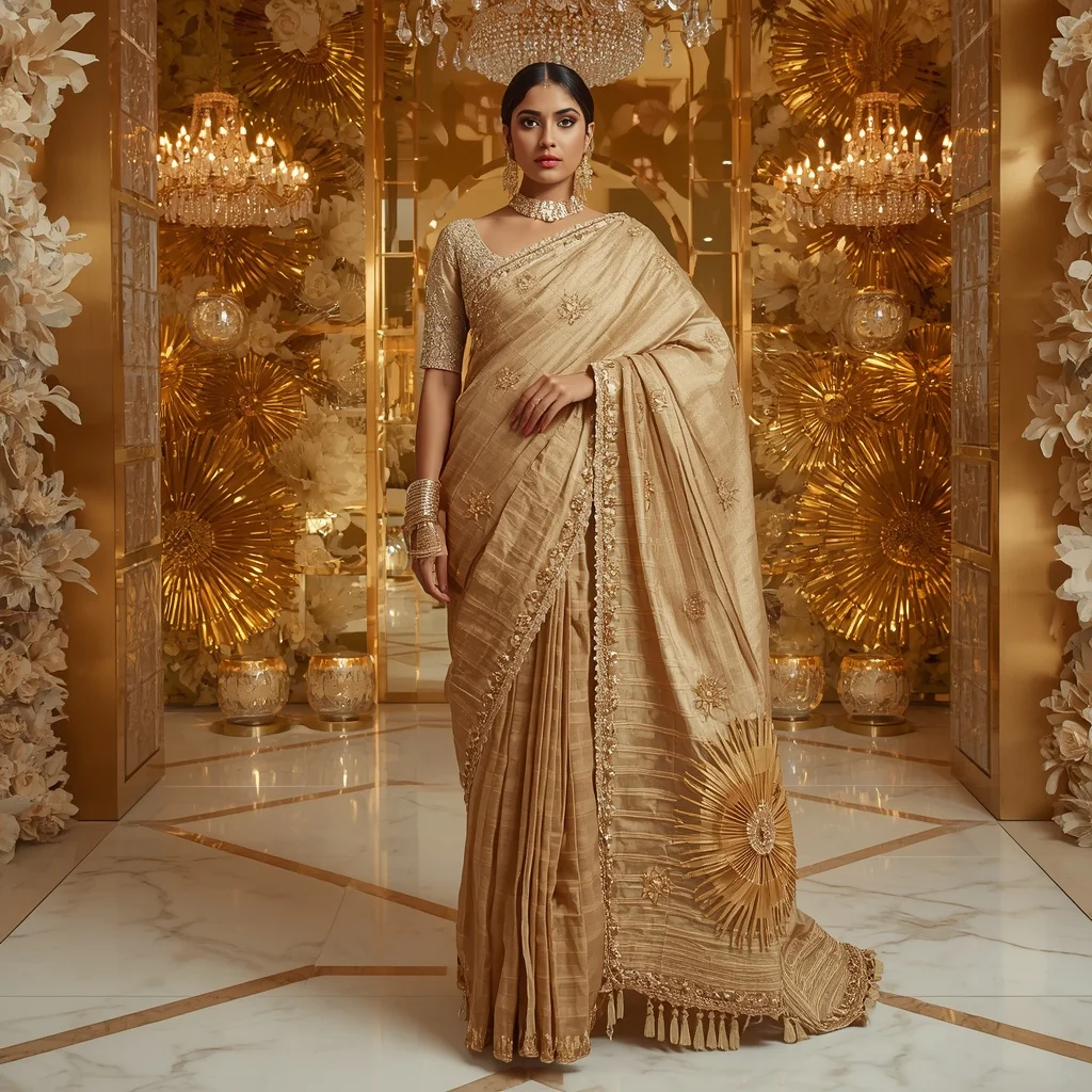 Luxury Golden Sunburst Empress Saree Fashion with Crystal Floral Kingdom Background | Instagram Reel Ai Prompt