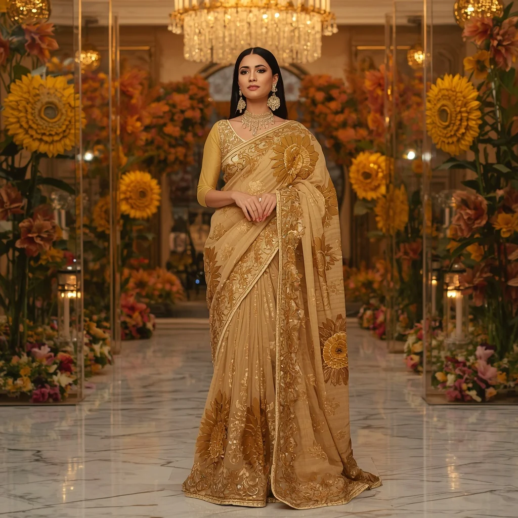 Luxury Golden Sunflower Empress Saree Fashion with Crystal Floral Courtyard Background | Modern Design Ai Prompt