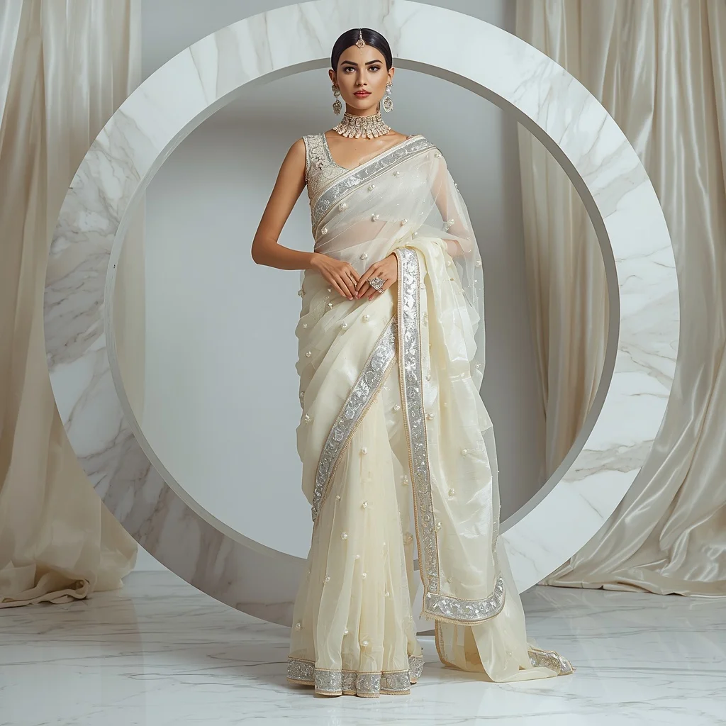 Luxury Ivory Moon Pearl Saree with Elegant Marble Editorial Air Spiral and Floating Silk Reflection Ring Background | 4k Ai Prompt
