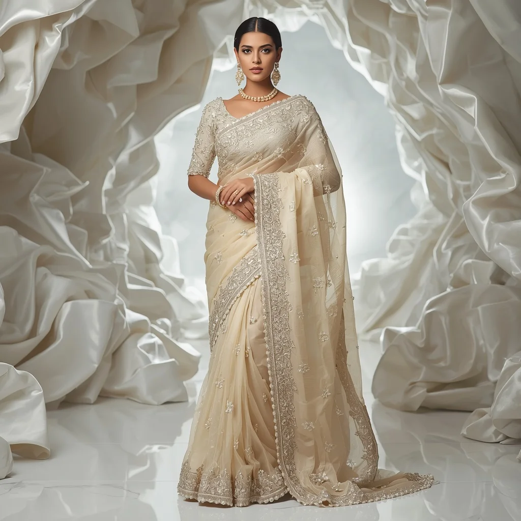 Luxury Ivory Pearl Blossom Saree with Elegant Marble Editorial Twist and Floating Silk Reflection Tunnel Background | Gemini Ai Photo Prompt Copy Paste