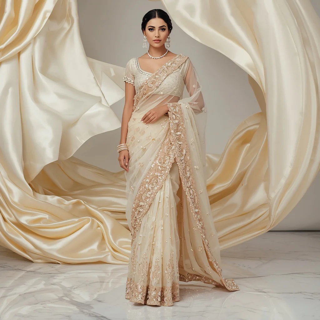 Luxury Ivory Rose Crystal Saree with Elegant Marble Editorial Twist and Floating Silk Reflection Hall Background | Instagram Post Ai Prompt