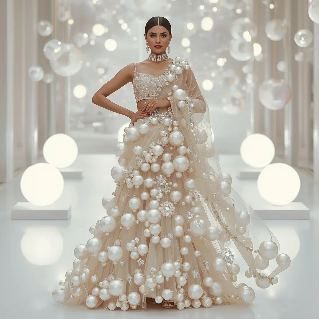 Luxury Pearl Bubble Saree with White Floating Sphere Gallery | Gemini Ai Photo Prompt