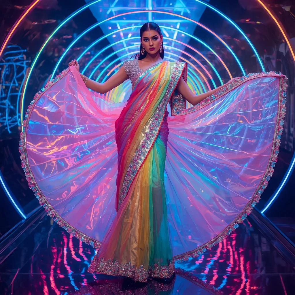 Luxury Rainbow Aurora Saree with Dynamic Fashion Editorial Spiral and Holographic Reflection Tunnel Background | Character Design Ai Prompt