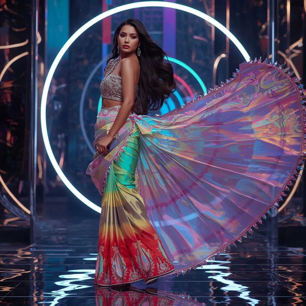 Luxury Rainbow Prism Saree with Dynamic Fashion Editorial Curl and Holographic Reflection Ring Background | Text To Image Prompt