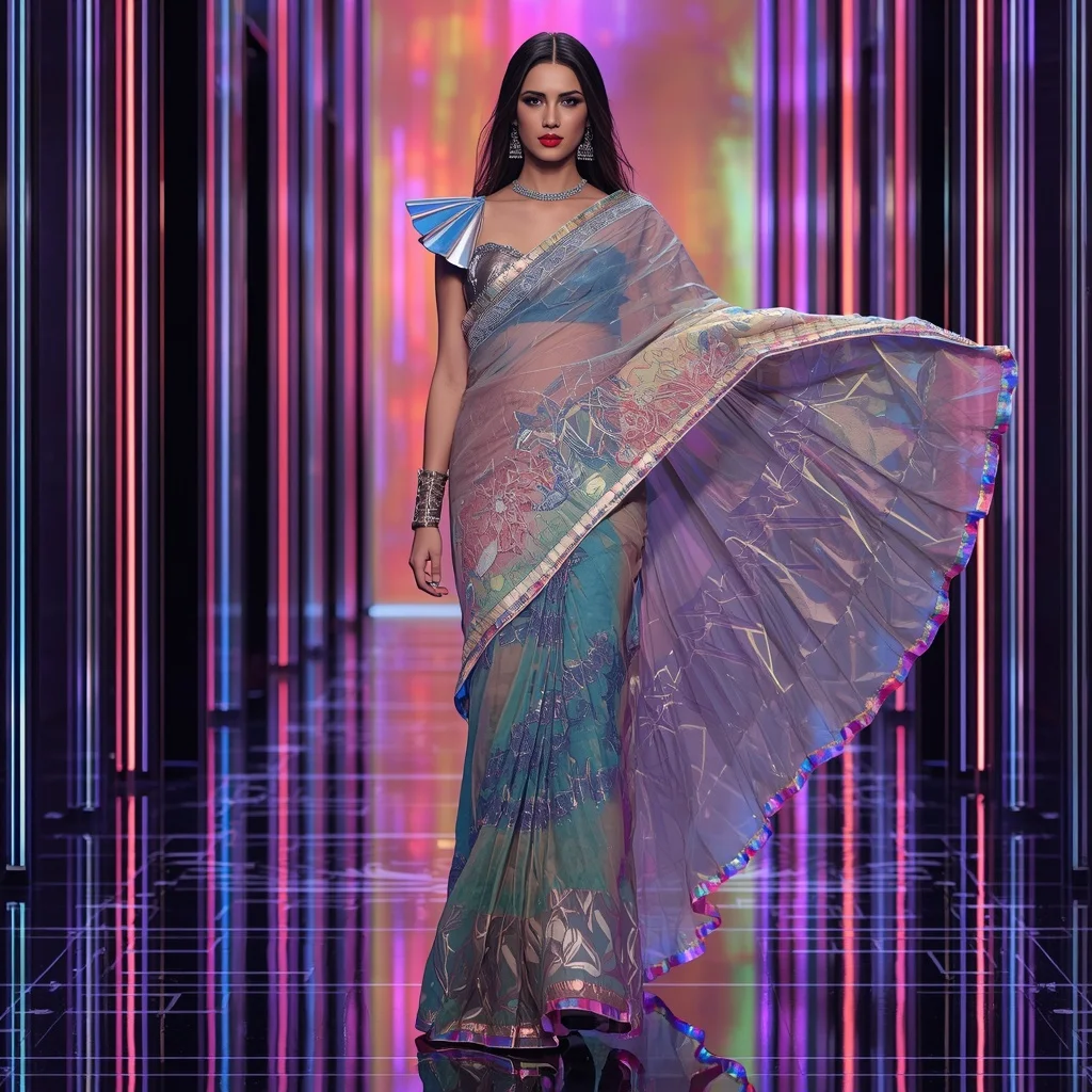 Luxury Rainbow Prism Saree with Dynamic Fashion Editorial Walk and Holographic Reflection Hall Background | Prompt Gemini