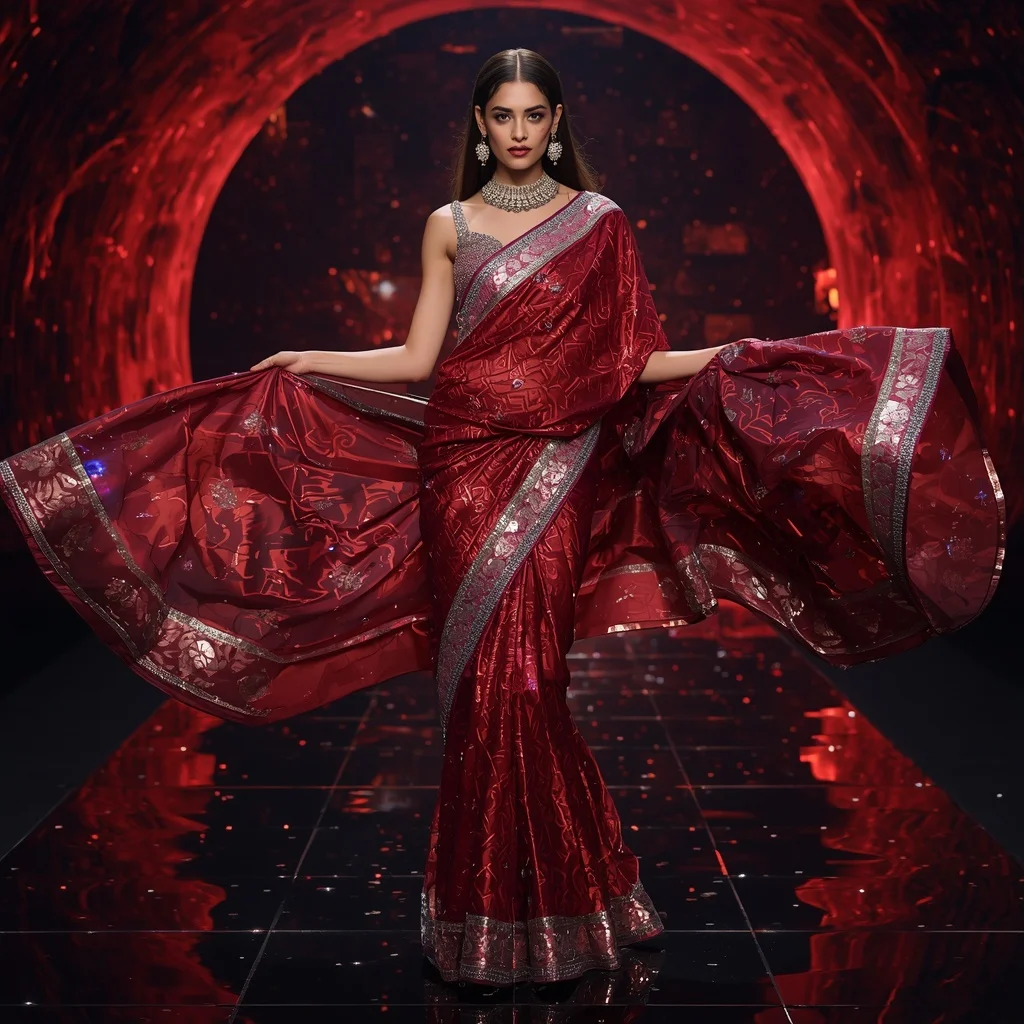 Luxury Ruby Galaxy Saree with Fierce Runway Editorial Air Twist and Digital Fire Reflection Dome Background | Prompt AI For Girl
