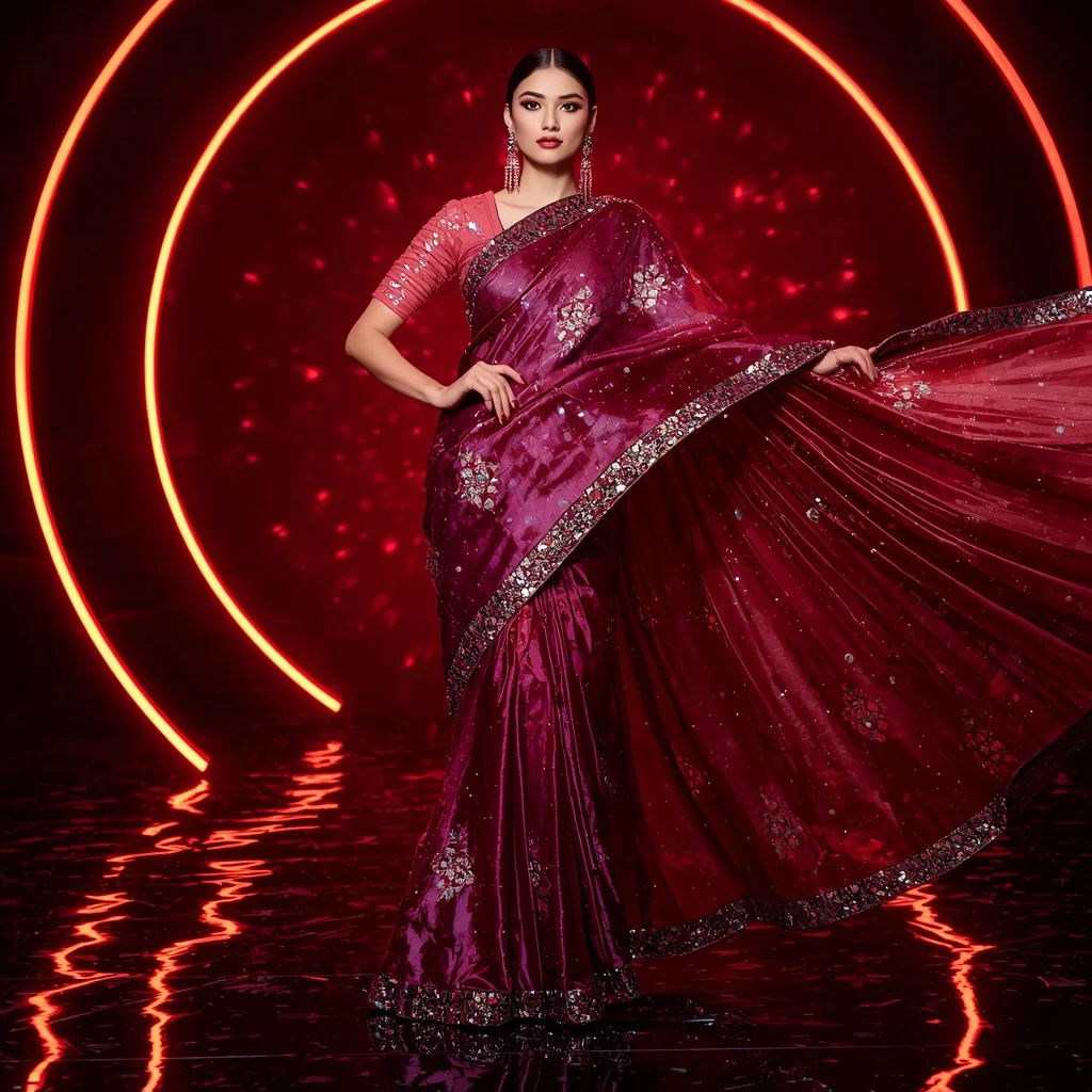 Luxury Ruby Galaxy Saree with Fierce Runway Editorial Air Twist and Digital Fire Reflection Ring Background | Indian Girl Ai Prompt