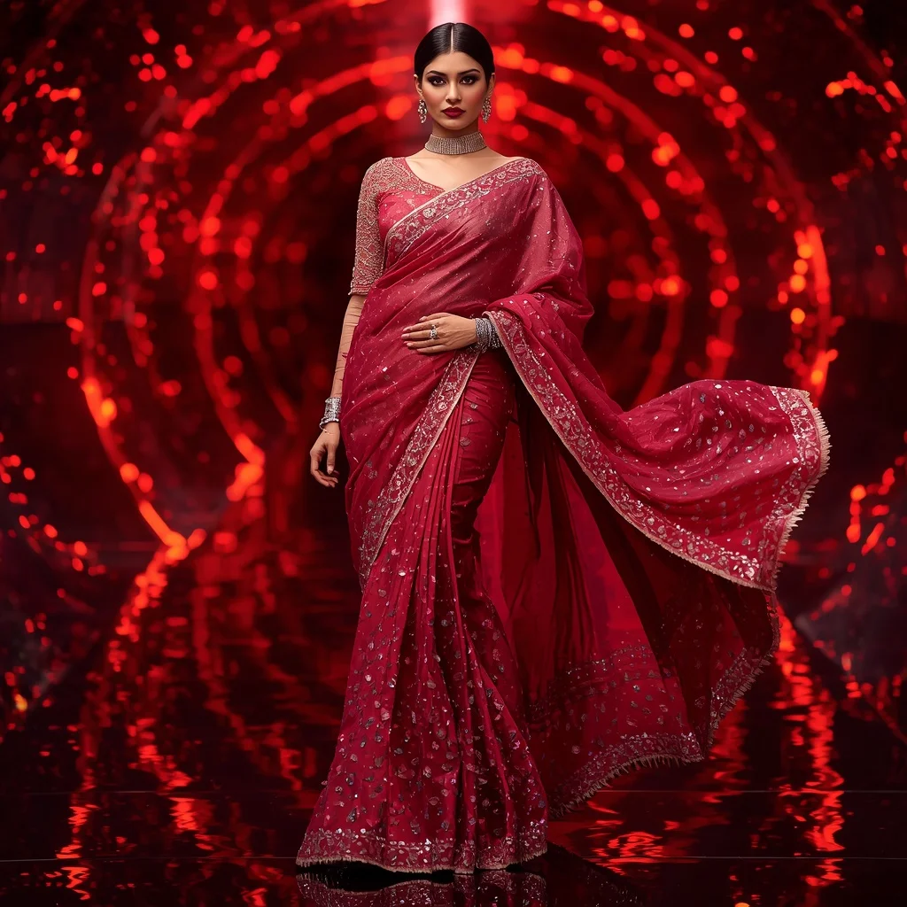Luxury Ruby Galaxy Saree with Fierce Runway Editorial Spiral Walk and Digital Fire Reflection Tunnel Background | Desi Girl Ai Prompt
